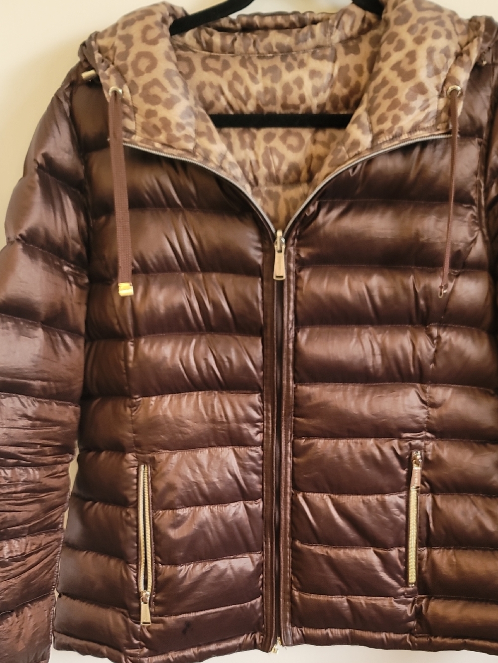 Calvin Klein Reversible Metallic Brown Leopard Quilted Puffer with Hood